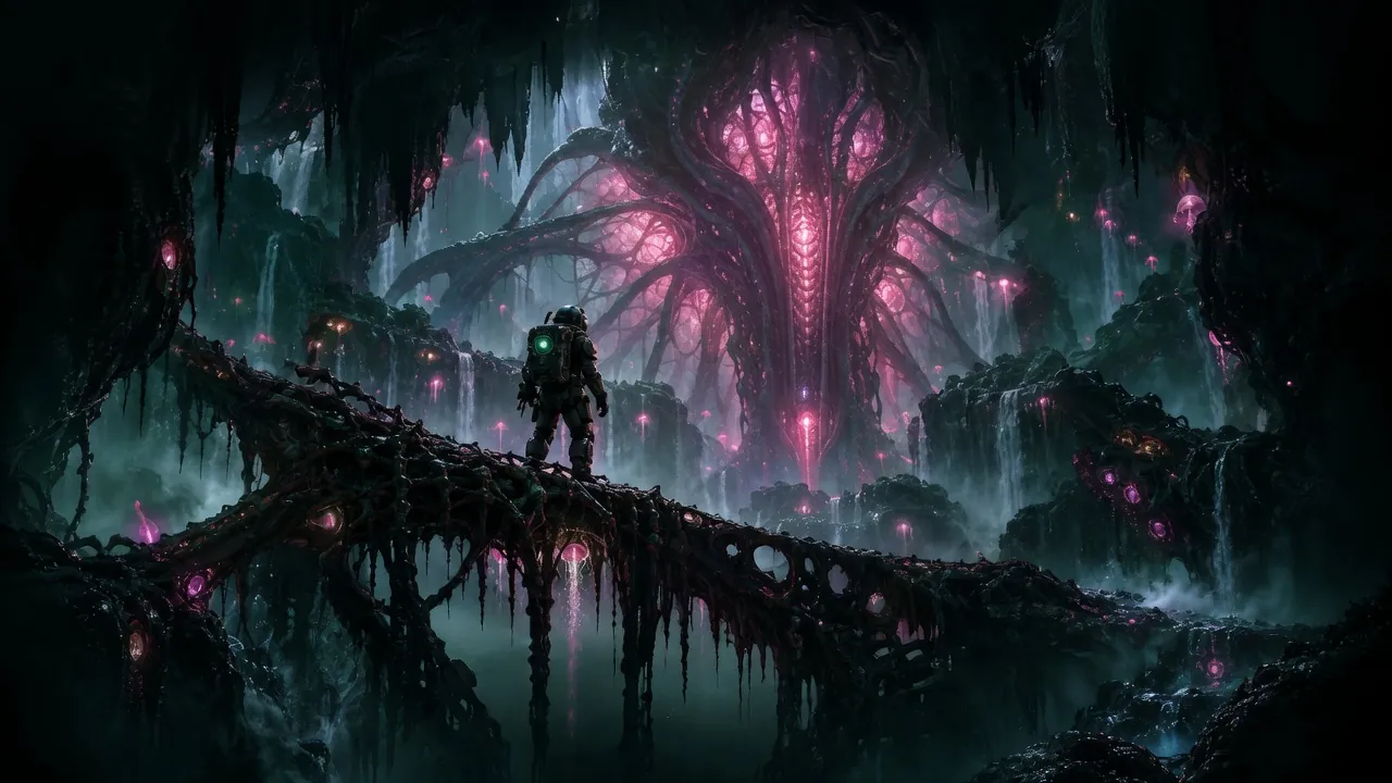 AI-generated fan illustration of an explorer and a magenta organic structure; not Moadra gameplay