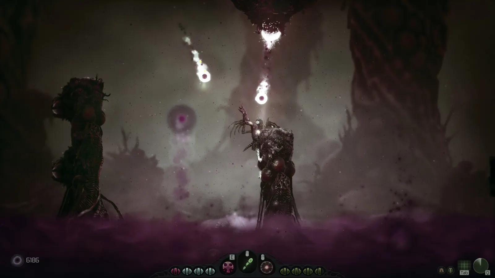 Two organic megastructures in purple fog