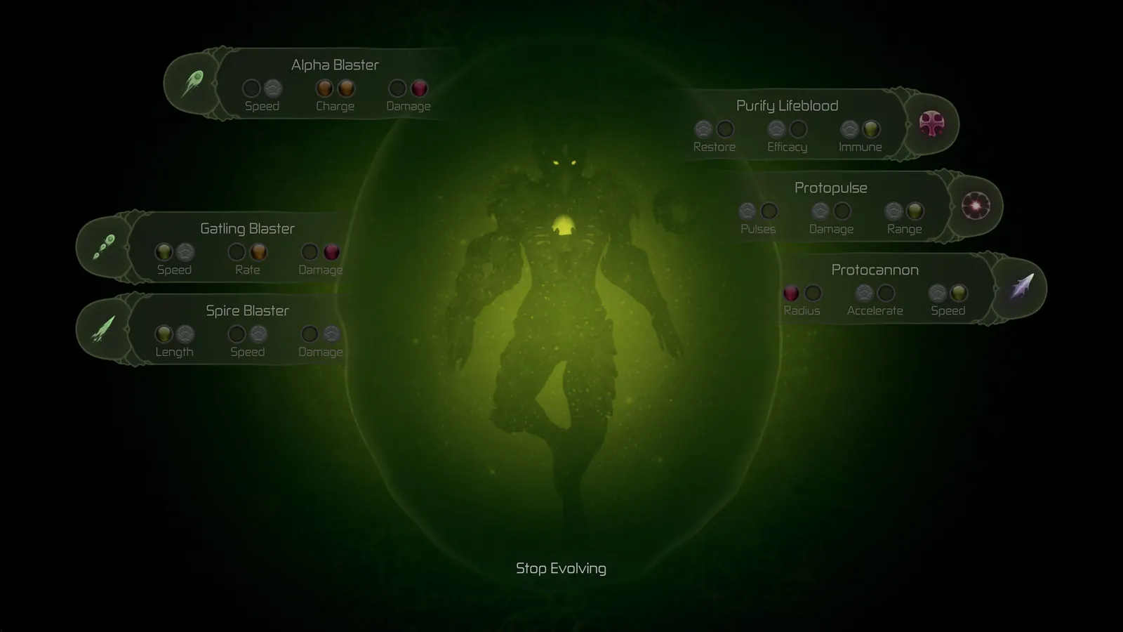 Evolve skill tree showing Alpha, Gatling and Spire Blasters plus Protocannon, Purify Lifeblood and Protopulse