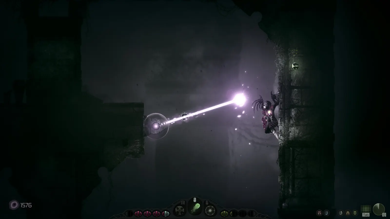 Character clinging to a magenta ruin wall while a shot travels